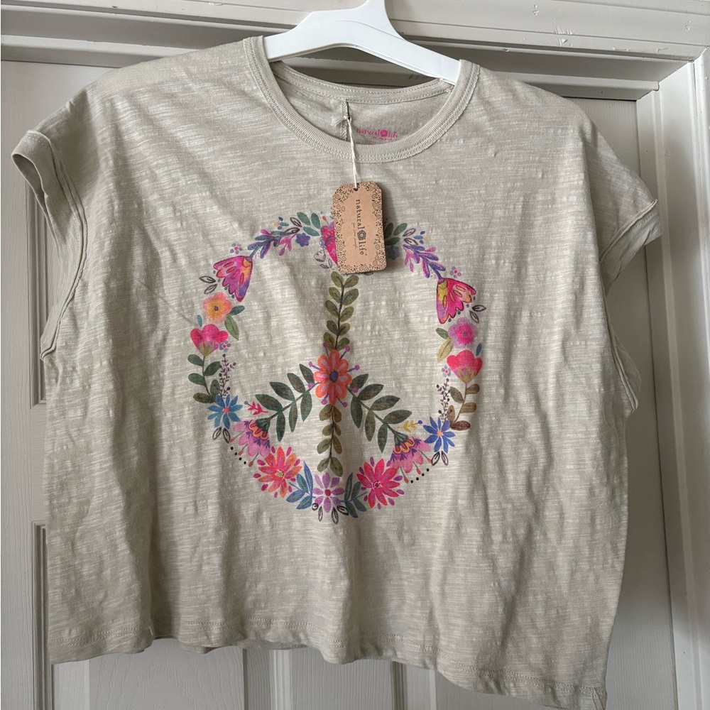 NATURAL LIFE White Crop Top with Floral Peace Graphic